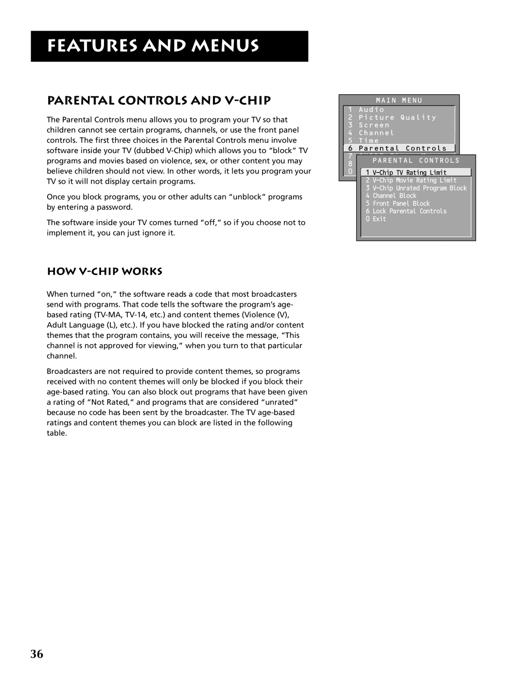 RCA P46921 manual Parental Controls and V-CHIP, HOW V-CHIP Works 