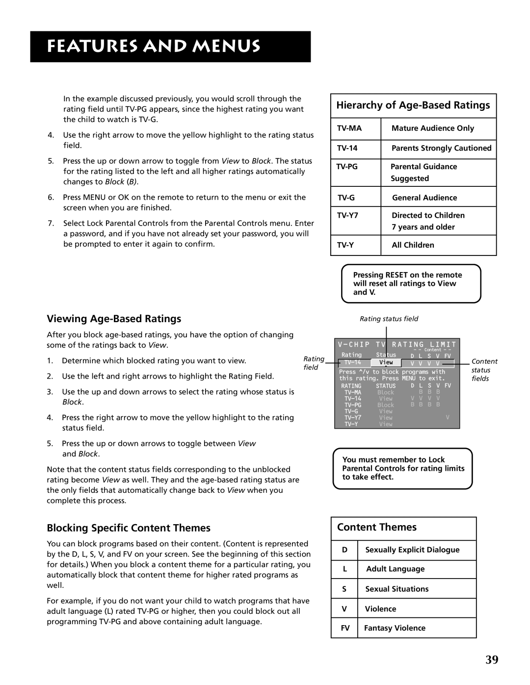 RCA P46921 manual Hierarchy of Age-Based Ratings, Viewing Age-Based Ratings, Blocking Specific Content Themes 