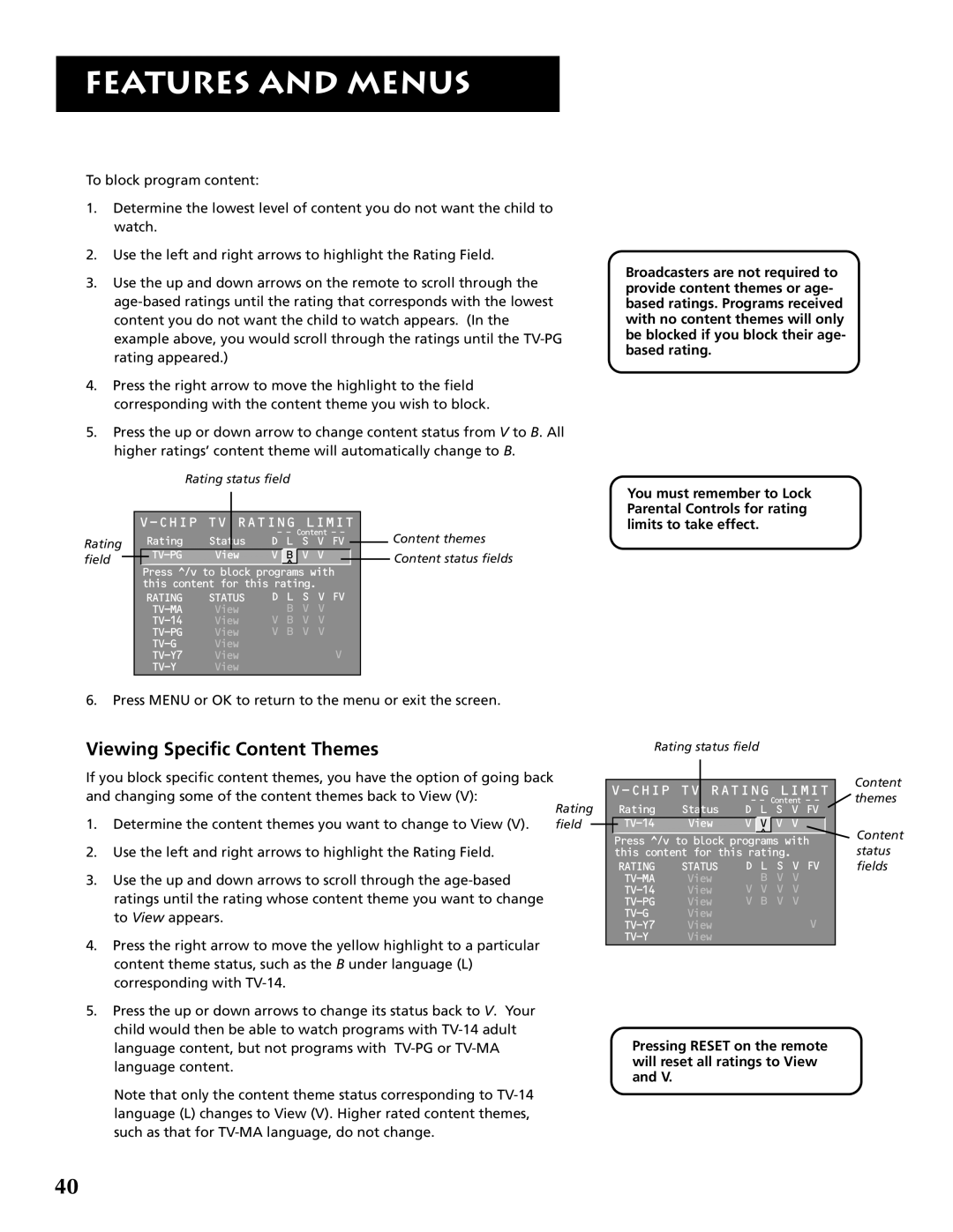 RCA P46921 manual Viewing Specific Content Themes, Determine the content themes you want to change to View 