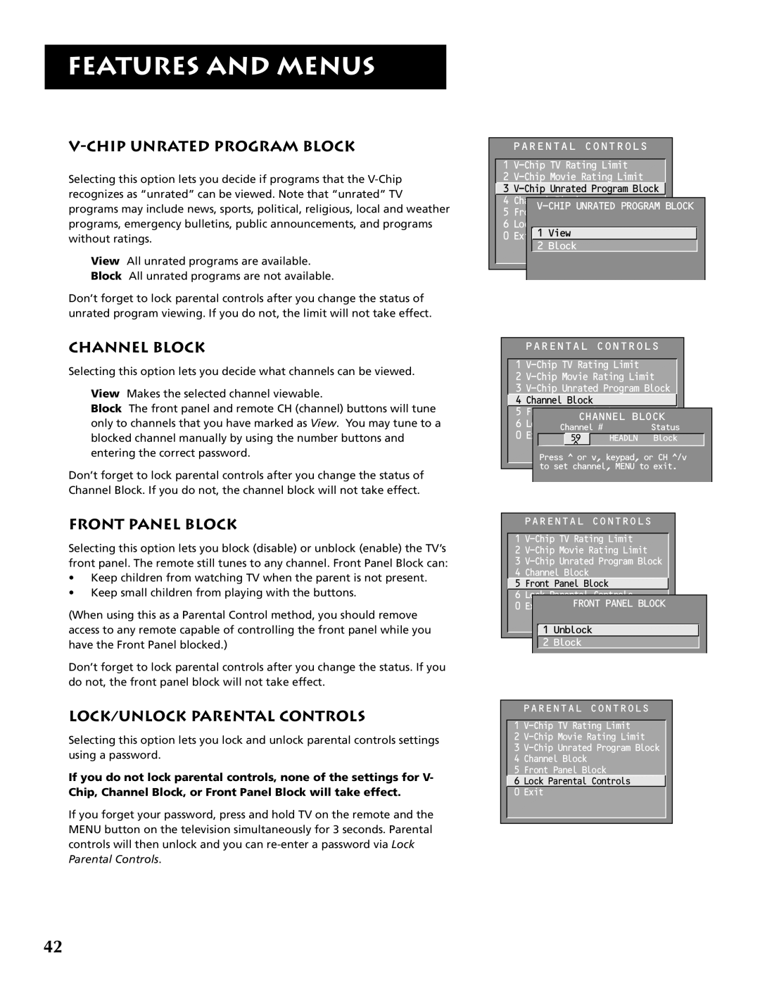 RCA P46921 manual Chip Unrated Program Block, Channel Block, Front Panel Block, LOCK/UNLOCK Parental Controls 