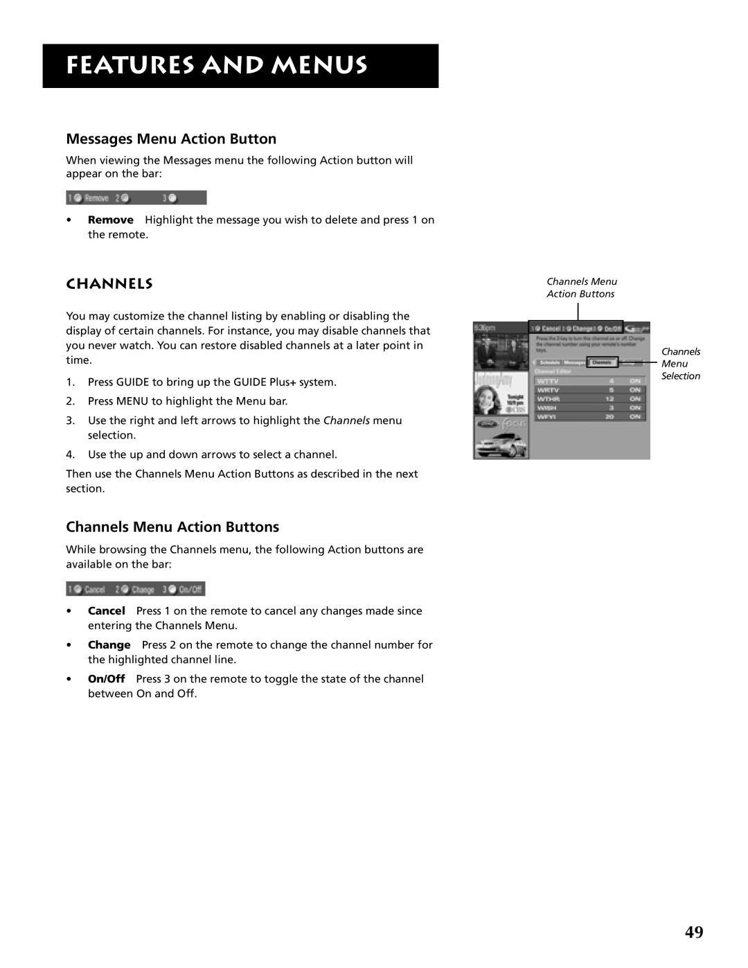 RCA P46921 manual Messages Menu Action Button, Channels Menu Action Buttons 