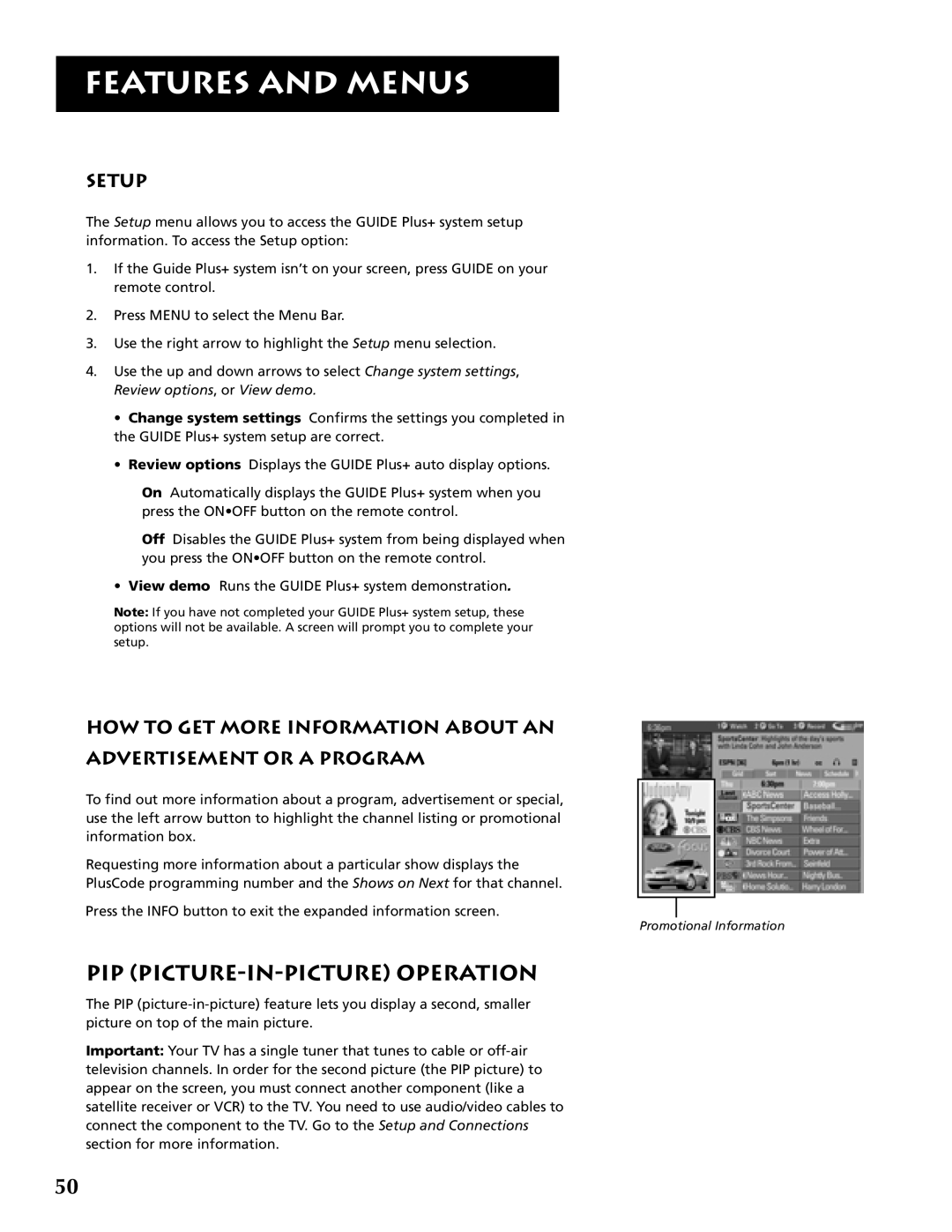 RCA P46921 manual PIP PICTURE-IN-PICTURE Operation, Setup 