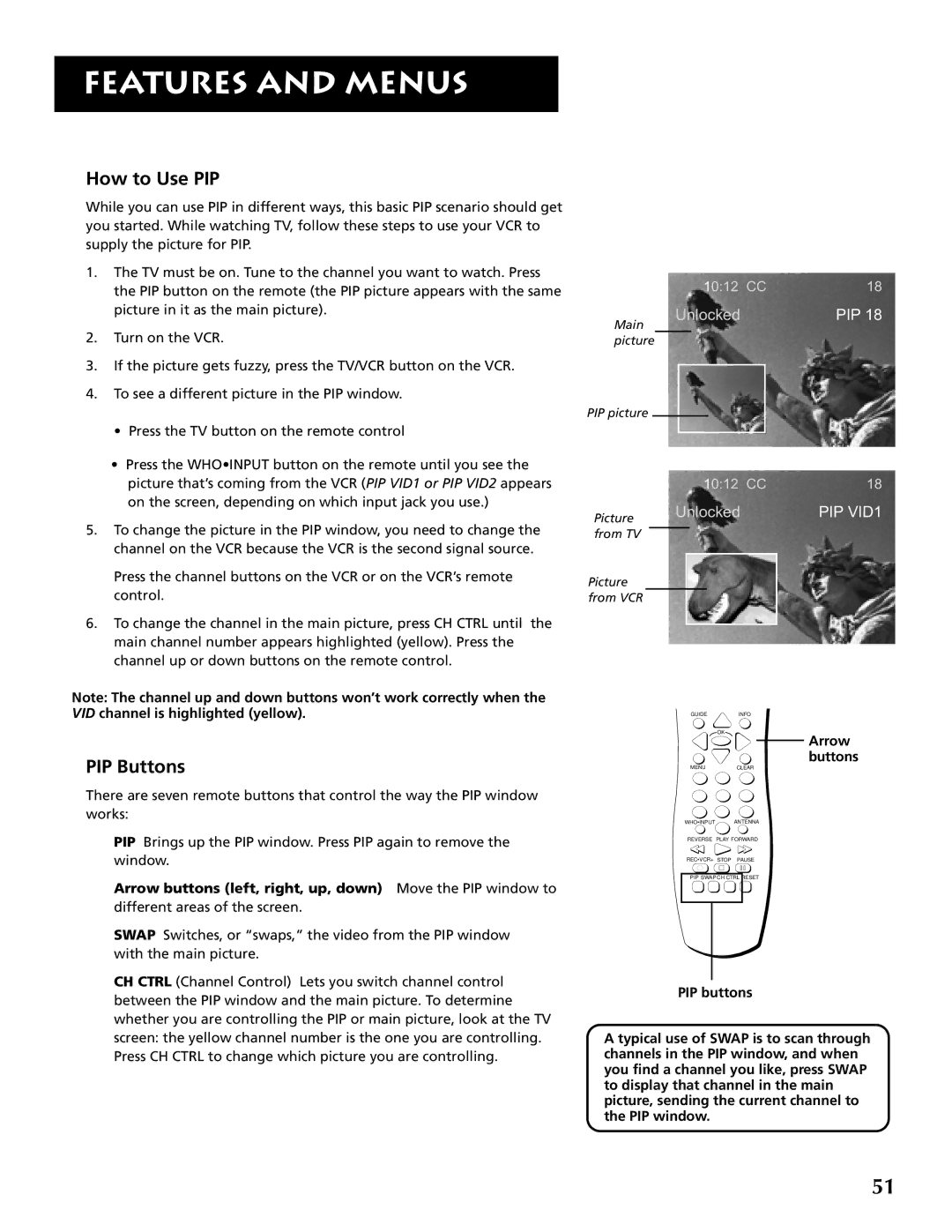 RCA P46921 manual How to Use PIP, PIP Buttons, Arrow buttons 