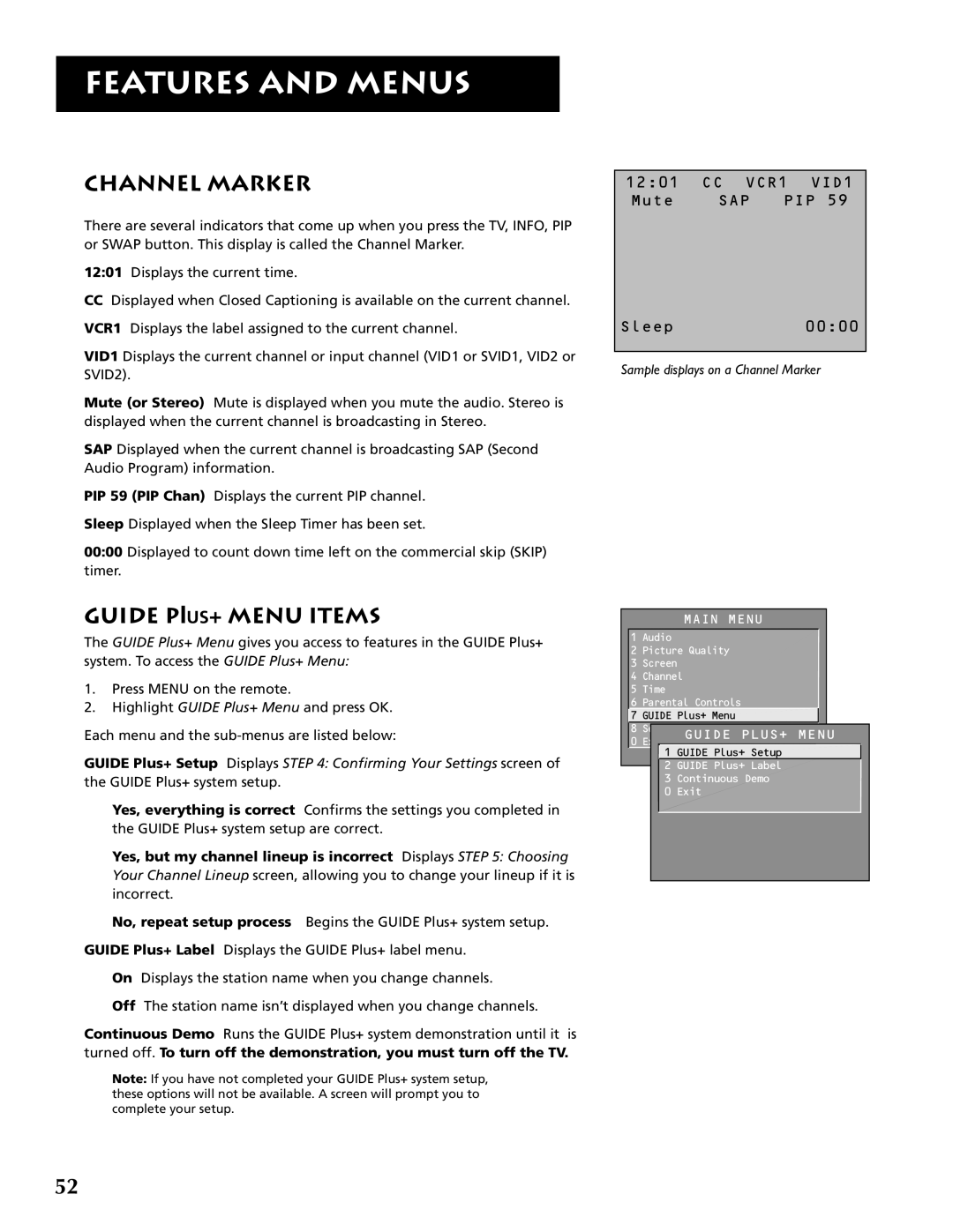 RCA P46921 manual Channel Marker, Guide PIUS+ Menu Items 