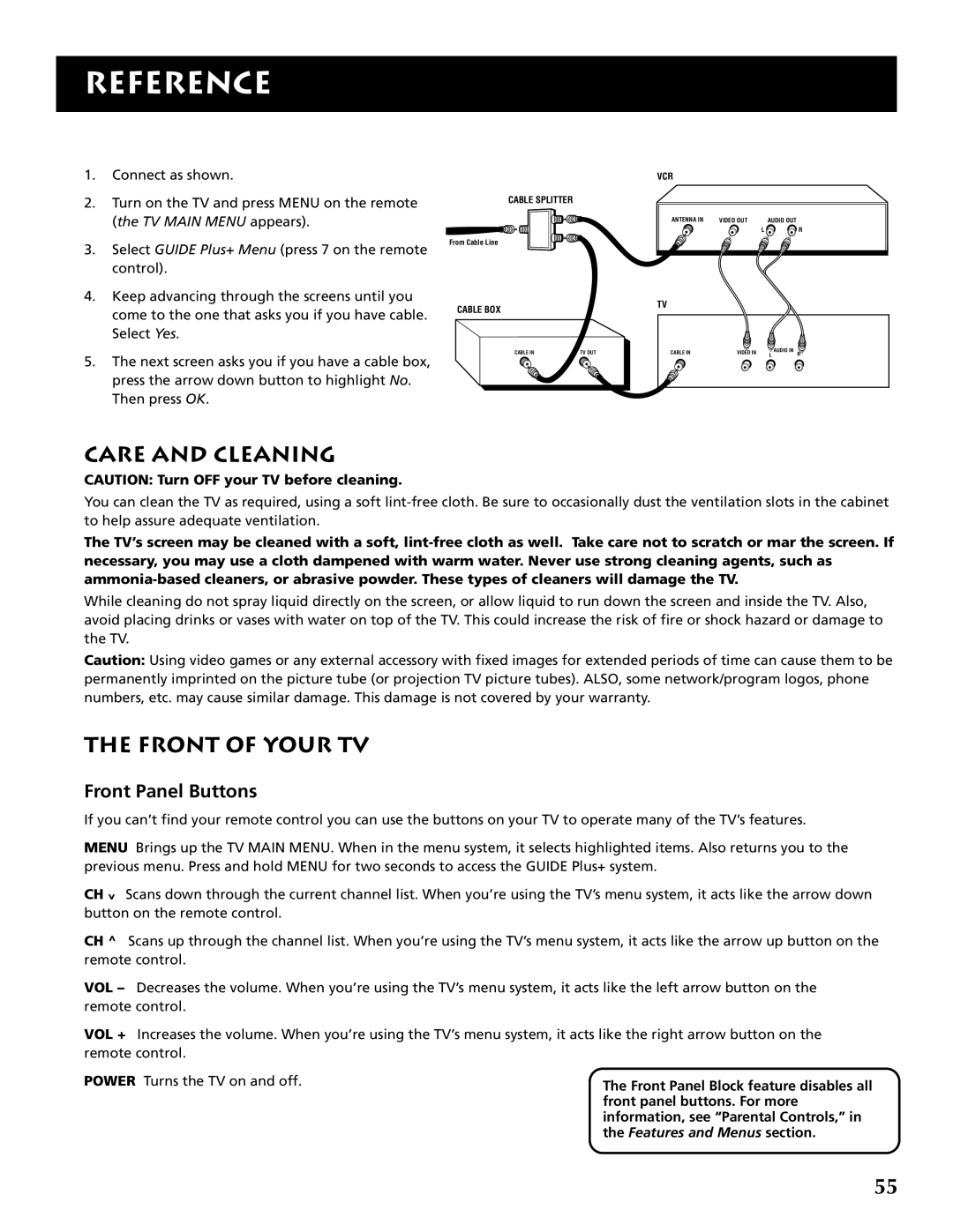 RCA P46921 manual Care and Cleaning, Front of Your TV, Front Panel Buttons 