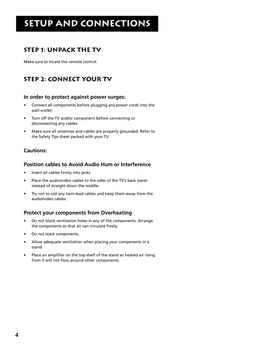 RCA P46921 Unpack the TV, Connect Your TV, Order to protect against power surges, Protect your components from Overheating 