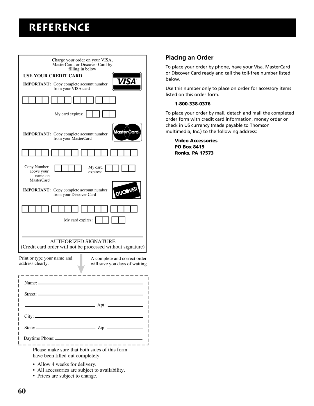 RCA P46921 manual Placing an Order, Video Accessories PO Box Ronks, PA 