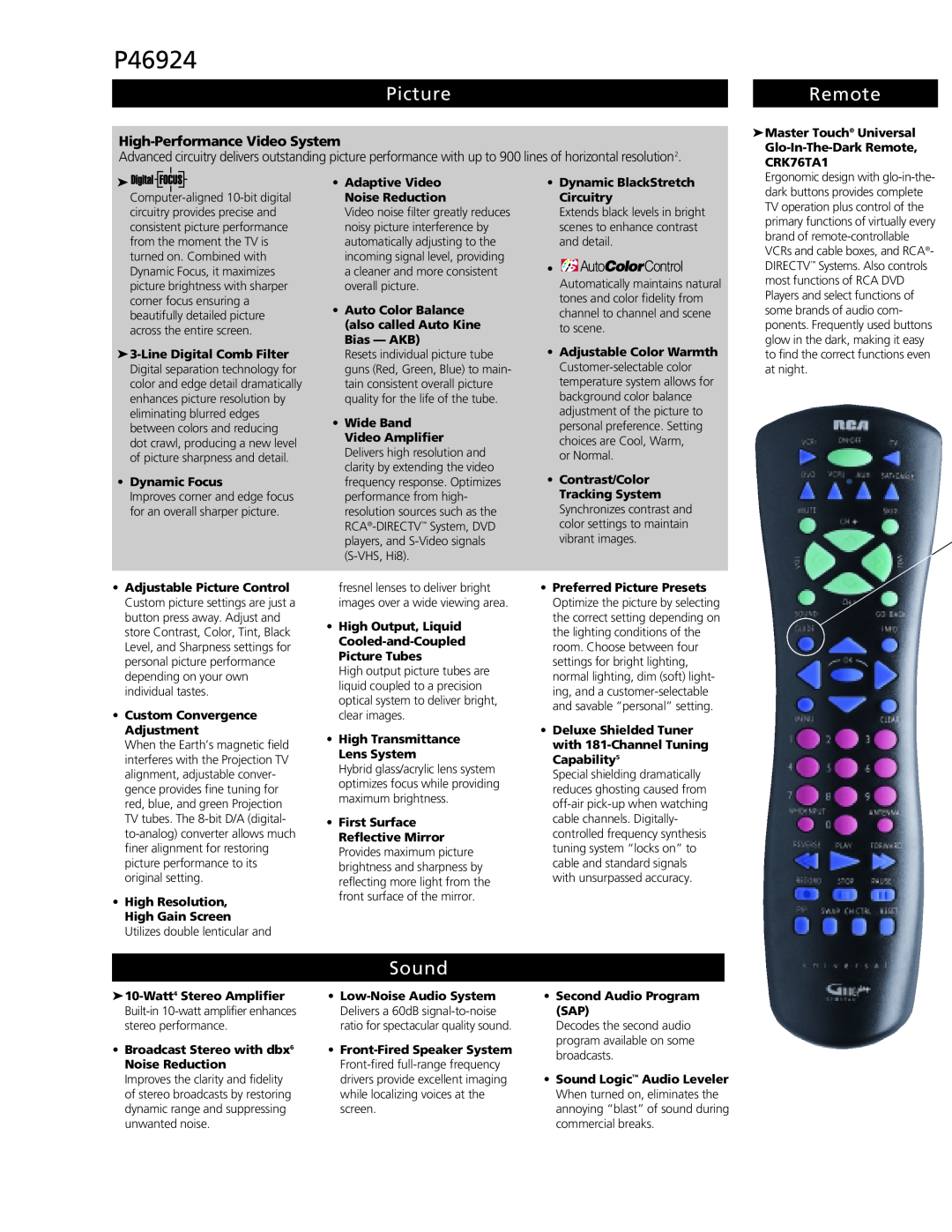 RCA P46924 manual Picture, Remote, Sound, High-Performance Video System 