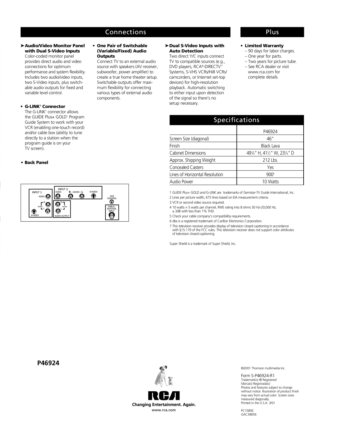 RCA P46924 Connections, Plus, Specifications, Screen Size diagonal, Finish, Cabinet Dimensions, Approx. Shipping Weight 