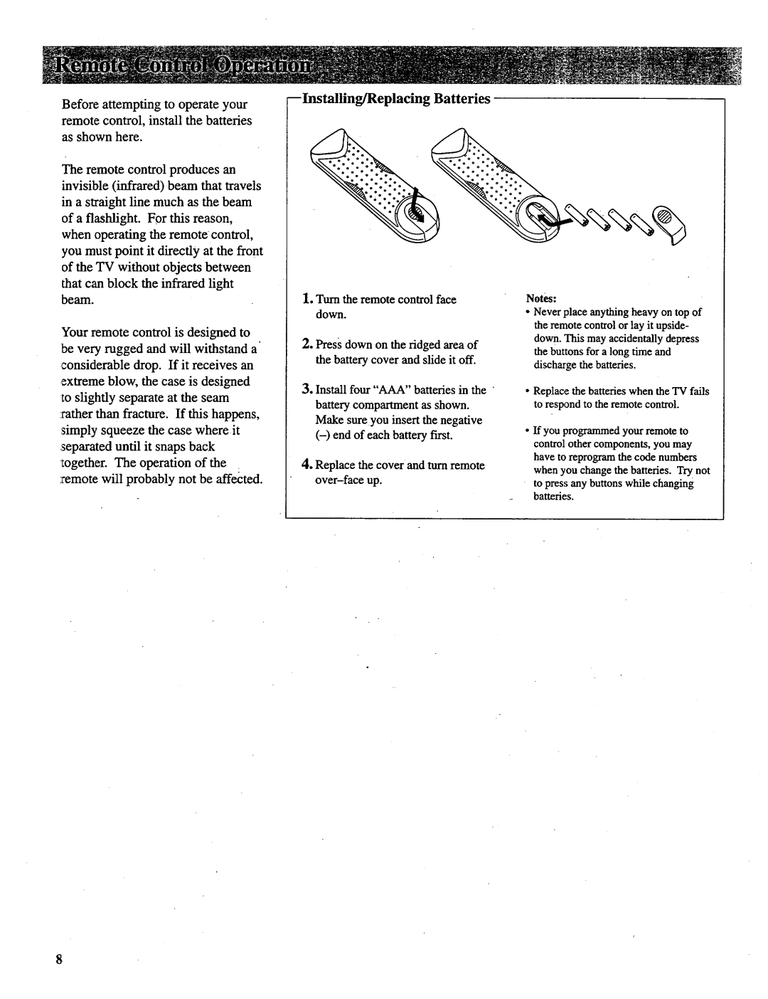 RCA P52731, P46732, P46738, P52730, P46731 manual Installing/Replacing Batteries, Turn the remote control face down 