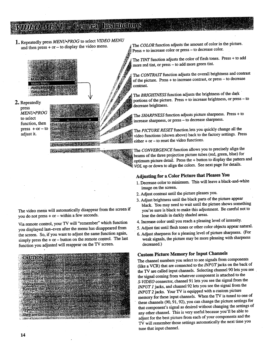 RCA P46732, P52731, P46738, P52730 Custom Picture Memory for Input Channels, Adjusting for a.Color Picture that Pleases You 