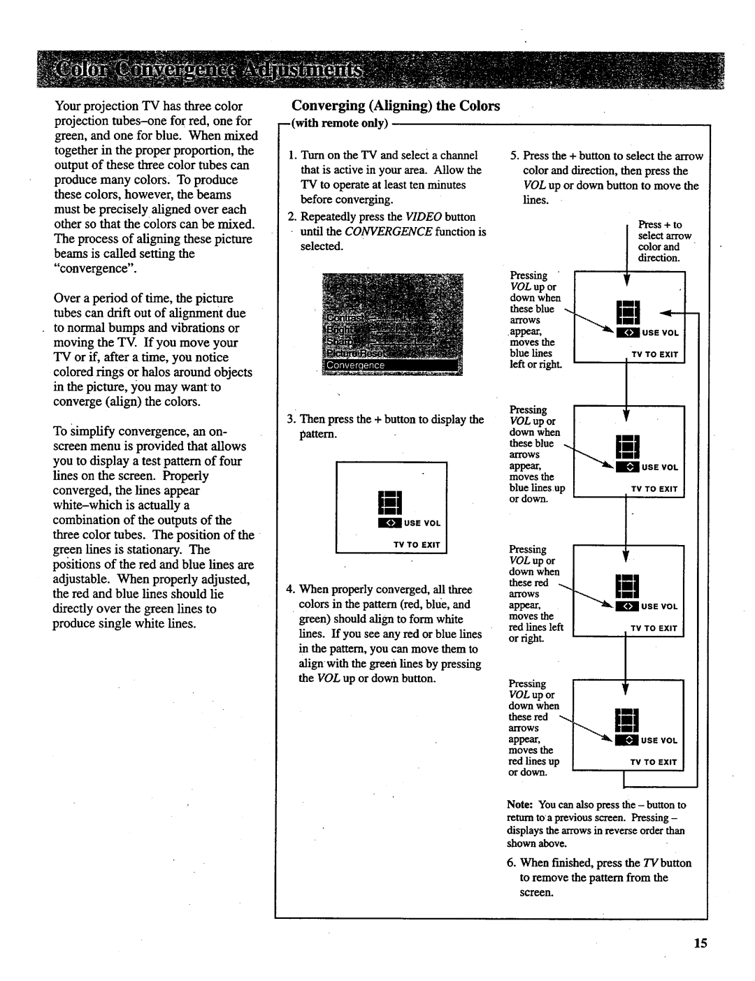 RCA P46738, P52731 Converging Aligning the Colors --with remote only, Until the Convergence function is selected, Pressing 