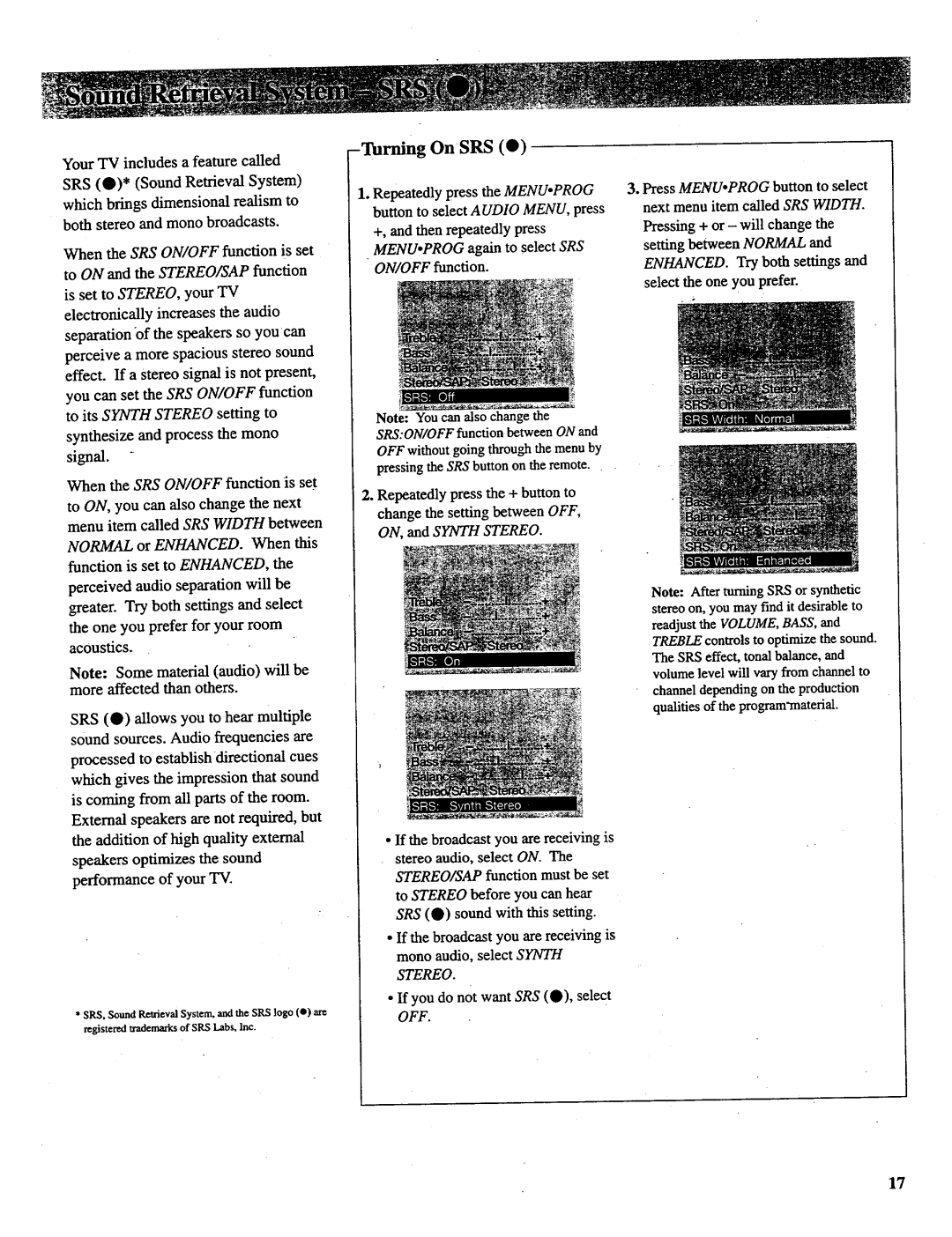 RCA P46731, P52731, P46732, P46738, P52730 manual Turning OnSRS 