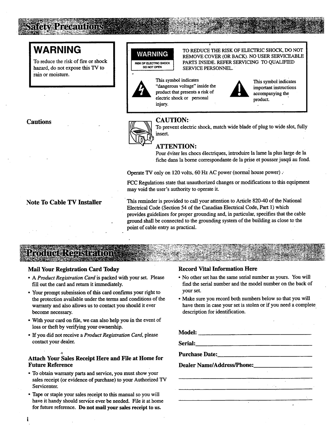 RCA P46738, P52731, P46732, P52730, P46731 manual Mail Your Registration Card Today, Record Vital Information Here 