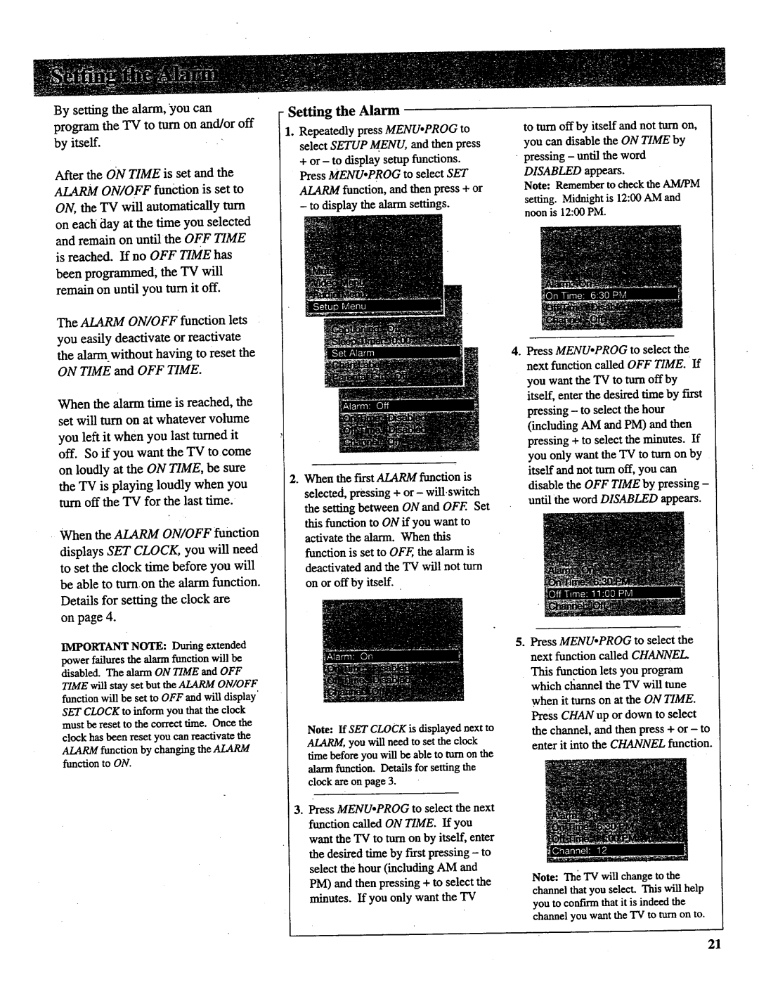 RCA P52730, P52731, P46732, P46738, P46731 manual Setting the Alarm, Time will stay set but the Alarm ON/OFF 