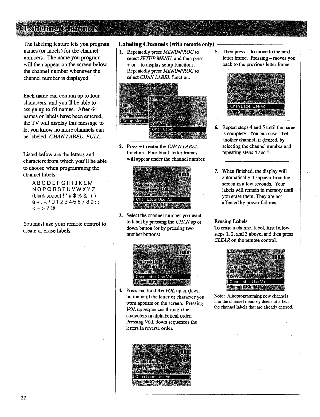 RCA P46731, P52731, P46732, P46738, P52730 manual When finished, the display will, Erasing Labels 