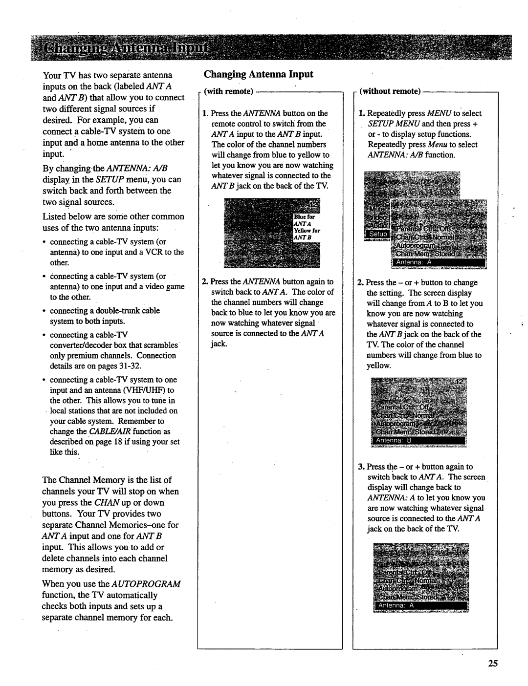 RCA P46738, P52731, P46732, P52730, P46731 manual Connecting a cable-TVsystem or, Changing Antenna Input with remote 