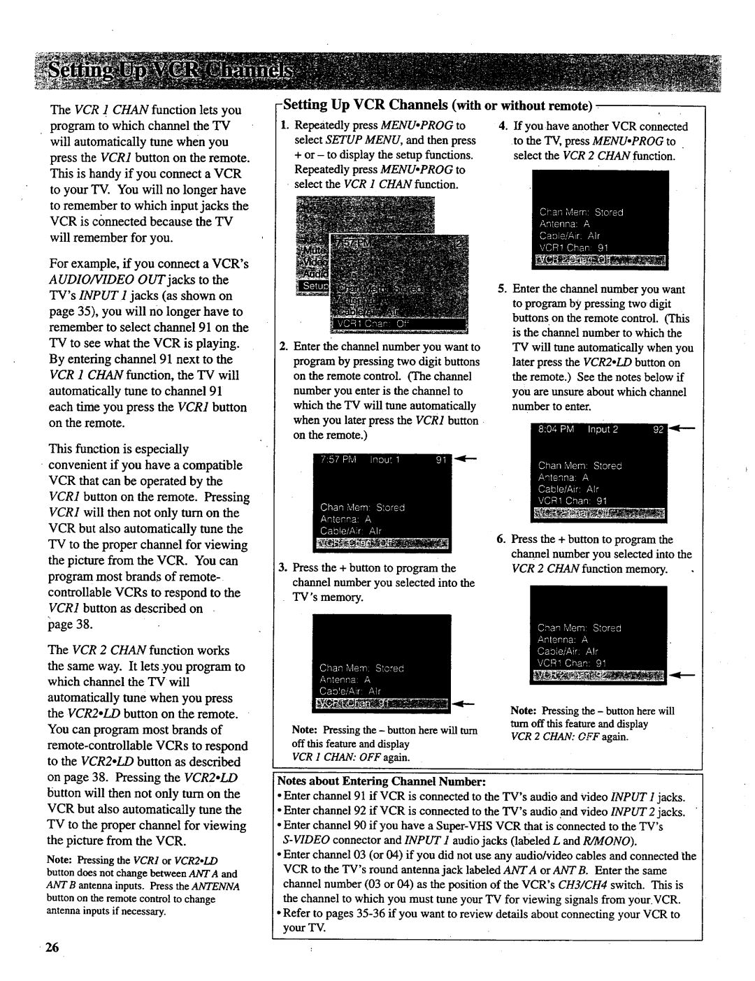 RCA P52730, P52731, P46732, P46738, P46731 manual Setting Up VCR Channels with or without remote 