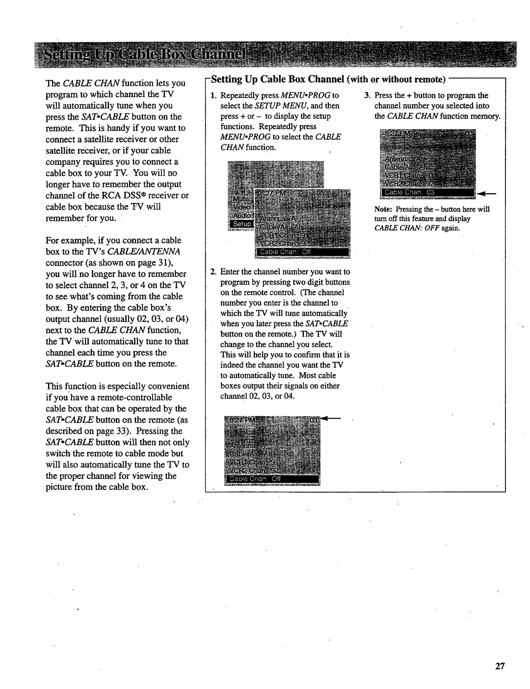 RCA P46731, P52731, P46732, P46738, P52730 manual SettingUp Cable Box Channel with or without remote 