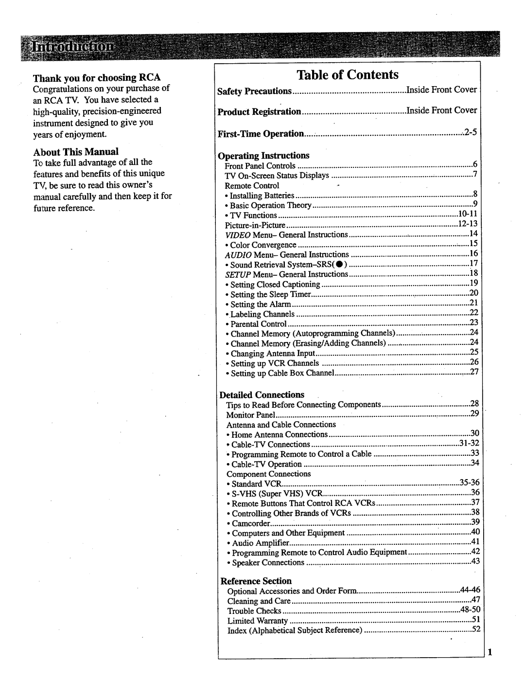 RCA P52730, P52731, P46732, P46738, P46731 manual Table of Contents 