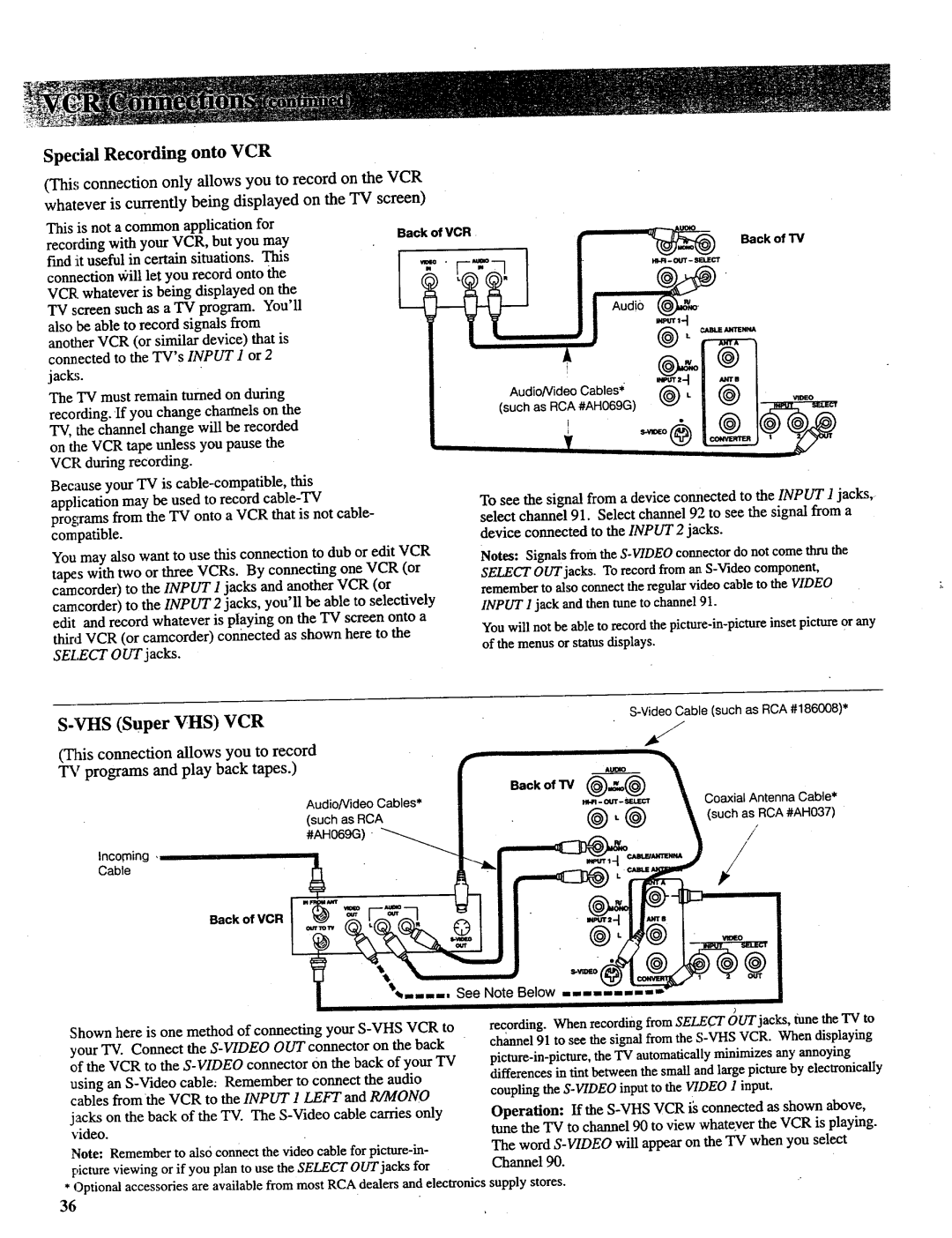 RCA P52730 Special Recording onto VCR, Connector do not come thru, Select OUT jacks. To record from an,S-Video component 