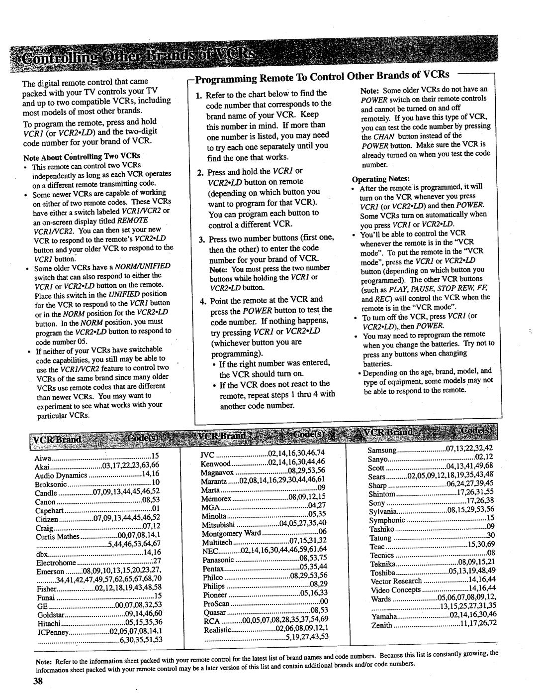 RCA P52731, P46732, P46738, P52730, P46731 Programming Remote To Control Other Brands of VCRs, Depending on which button you 