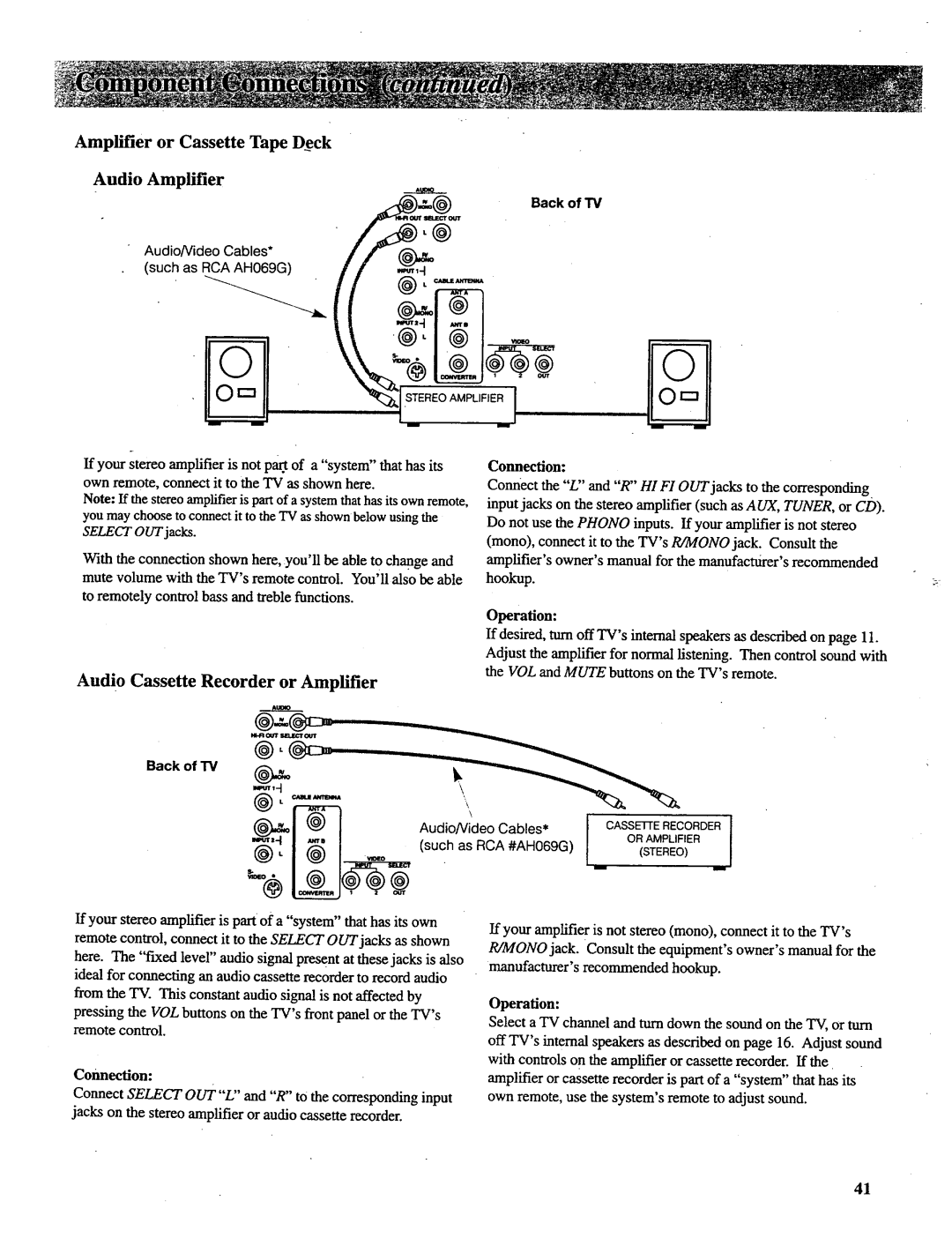 RCA P52730, P52731 manual Amplifier or Cassette Tape Deck Audio Amplifier, Audio Cassette Recorder or Amplifier, Connection 