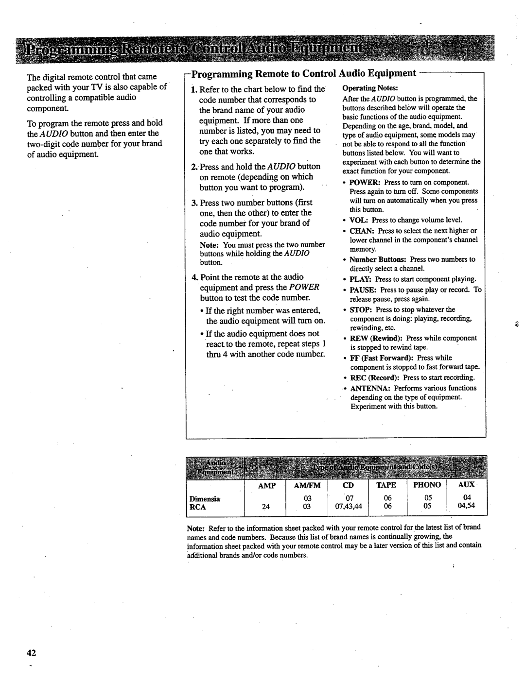 RCA P46731, P52731, P46732, P46738, P52730 manual Programming Remote to Control, Audio Equipment 