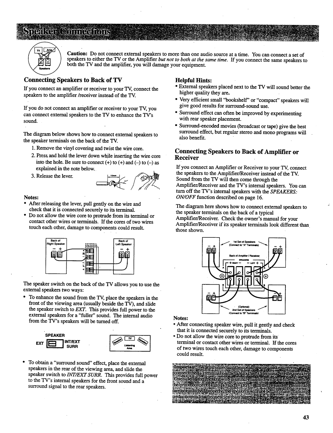 RCA P52731, P46732, P46738 Connecting Speakers to Back of TV, Speakers to Back of Amplifier or, Receiver, Helpful Hints 