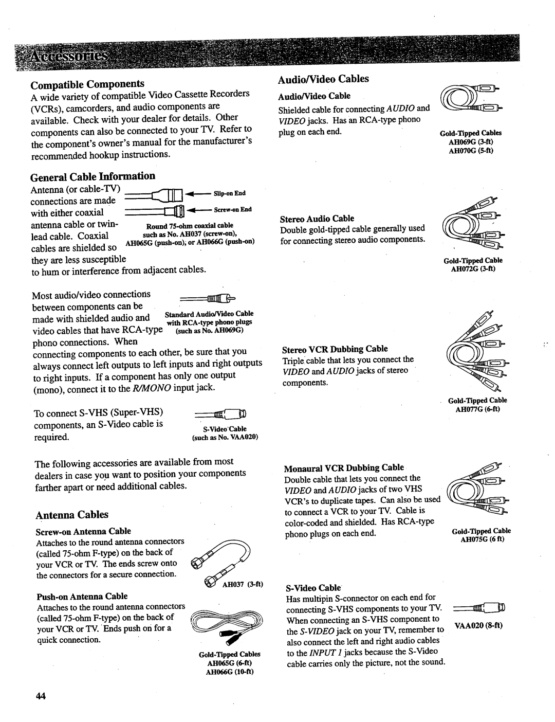 RCA P46732, P52731, P46738, P52730 manual Compatible Components, General Cable Information, Audio/Video Cables, Antenna Cables 