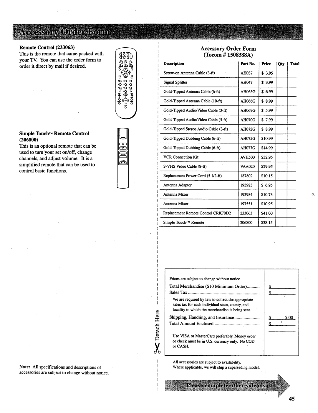 RCA P46738, P52731, P46732, P52730, P46731 manual Simple Touch,,, Remote Control, AccessoIv, Form Tocom 