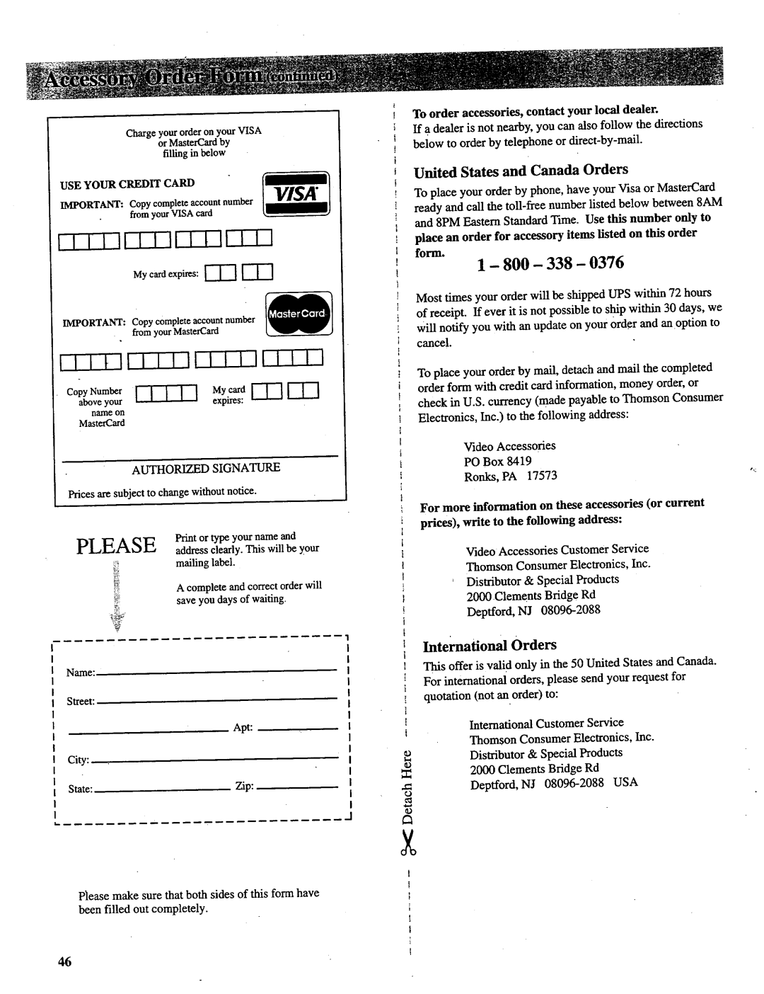 RCA P52730, P52731 International Orders, To order accessories, contact your local dealer, United States and Canada Orders 