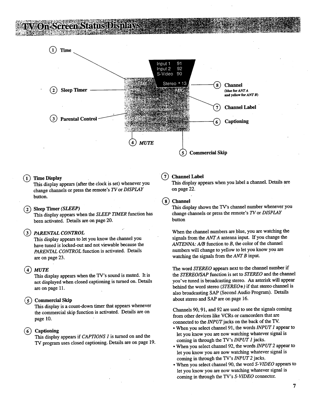 RCA P46731, P52731 manual Parental Contro Channel, Channel Label Captioning, Commercial Skip Channel Label, Time Display 