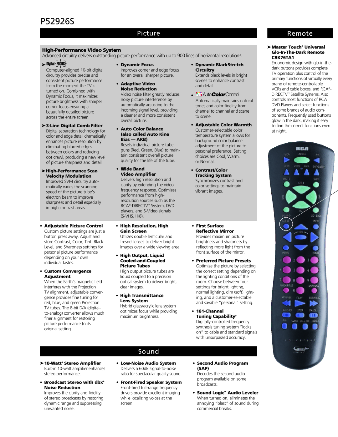 RCA P52926S manual Picture, Remote, Sound 