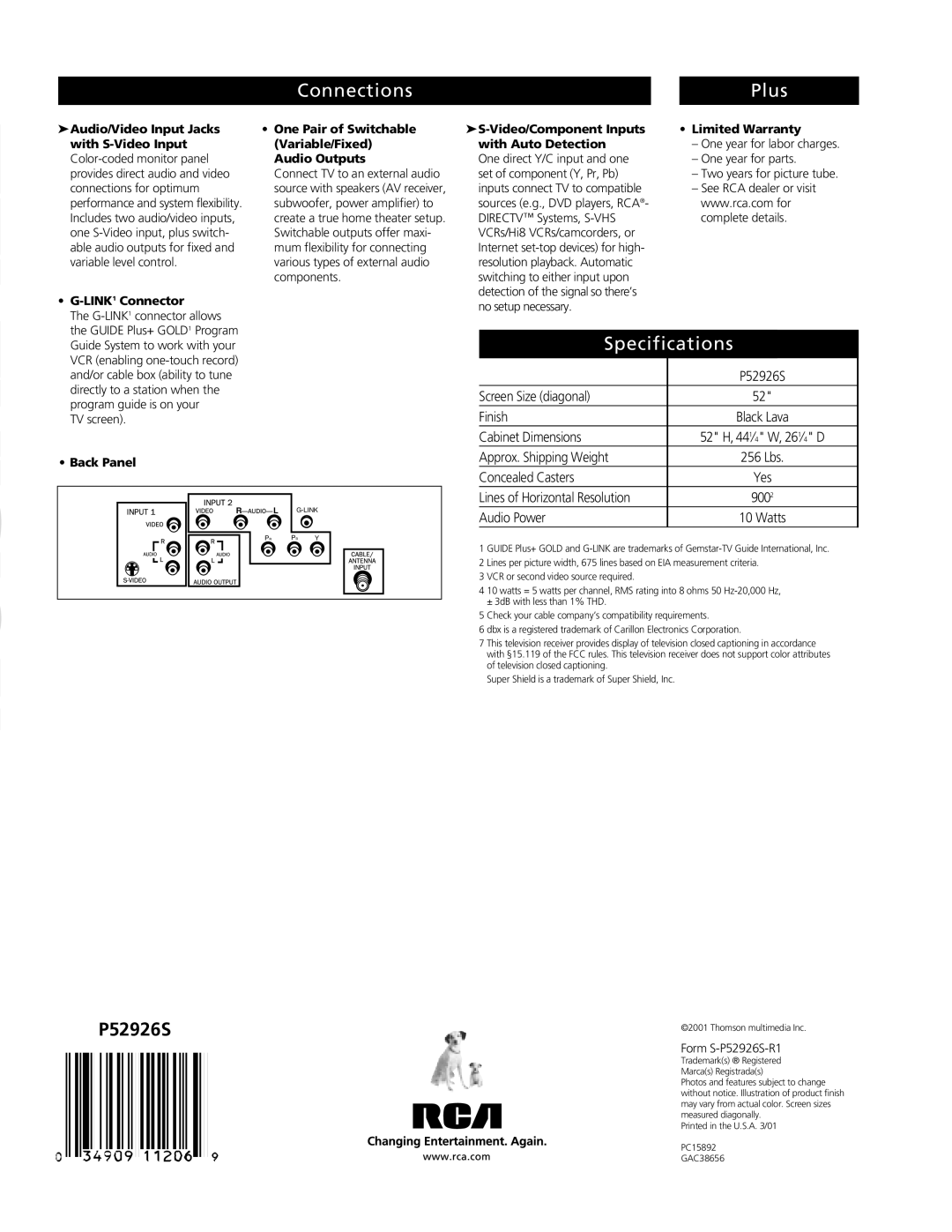 RCA P52926S Connections Plus, Specifications, LINK1Connector, Video/Component Inputs Limited Warranty With Auto Detection 