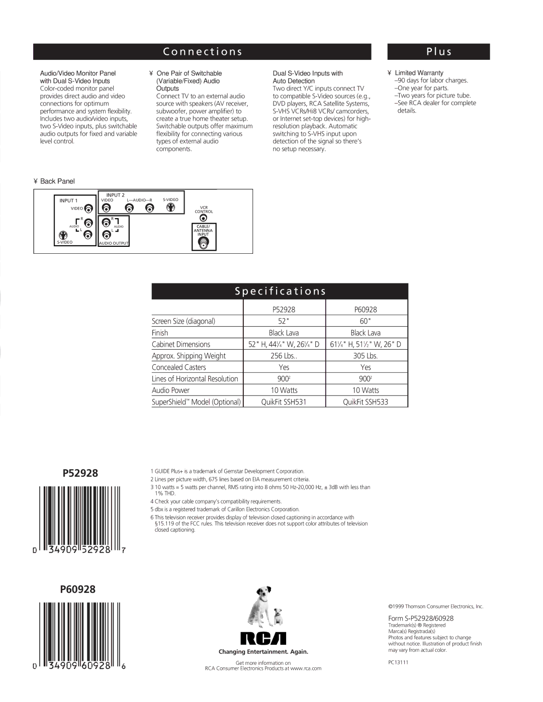 RCA P52928 manual N n e c t i o n s, U s, Specification s, Outputs, Limited Warranty 