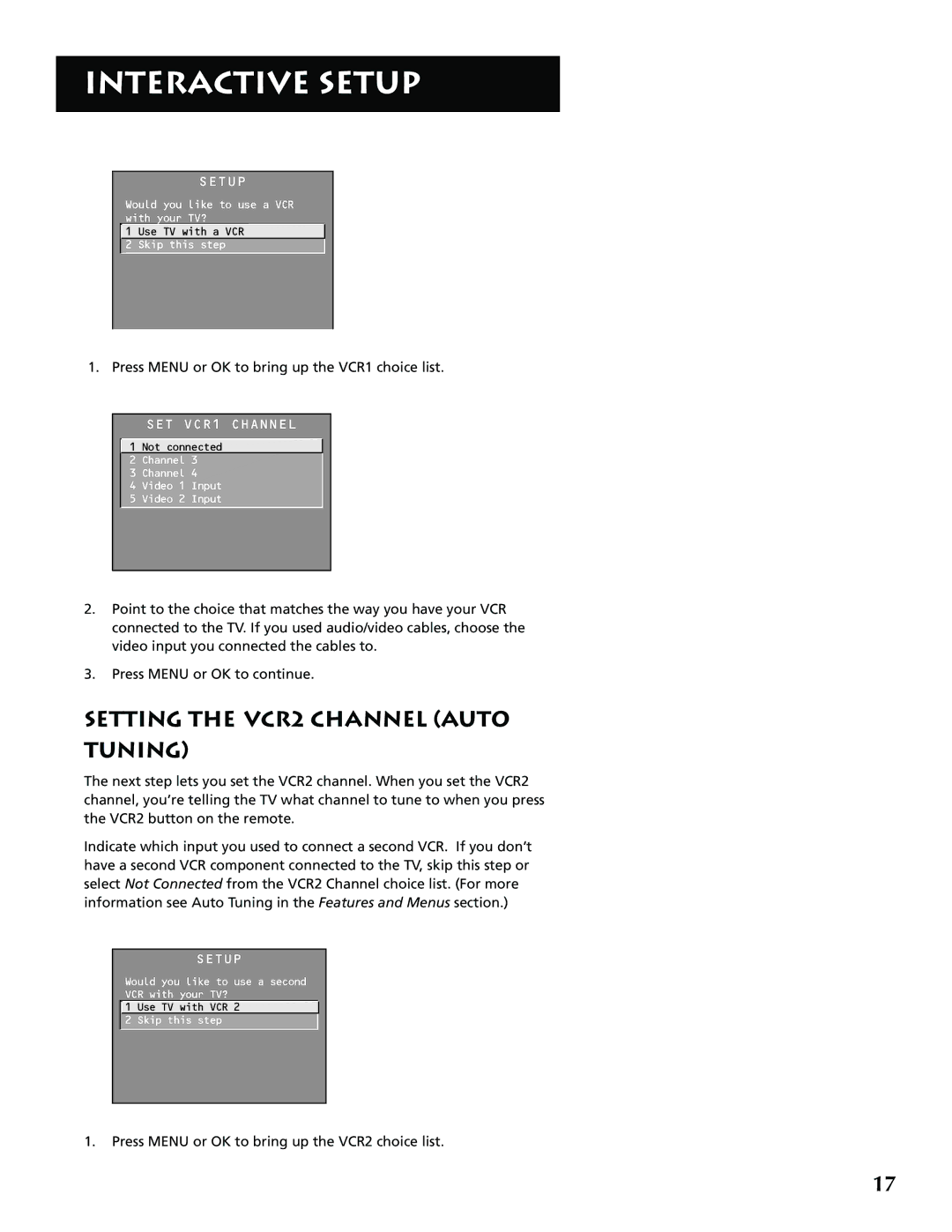 RCA P52936 manual Setting the VCR2 Channel Auto Tuning, SET VCR1 Channel 