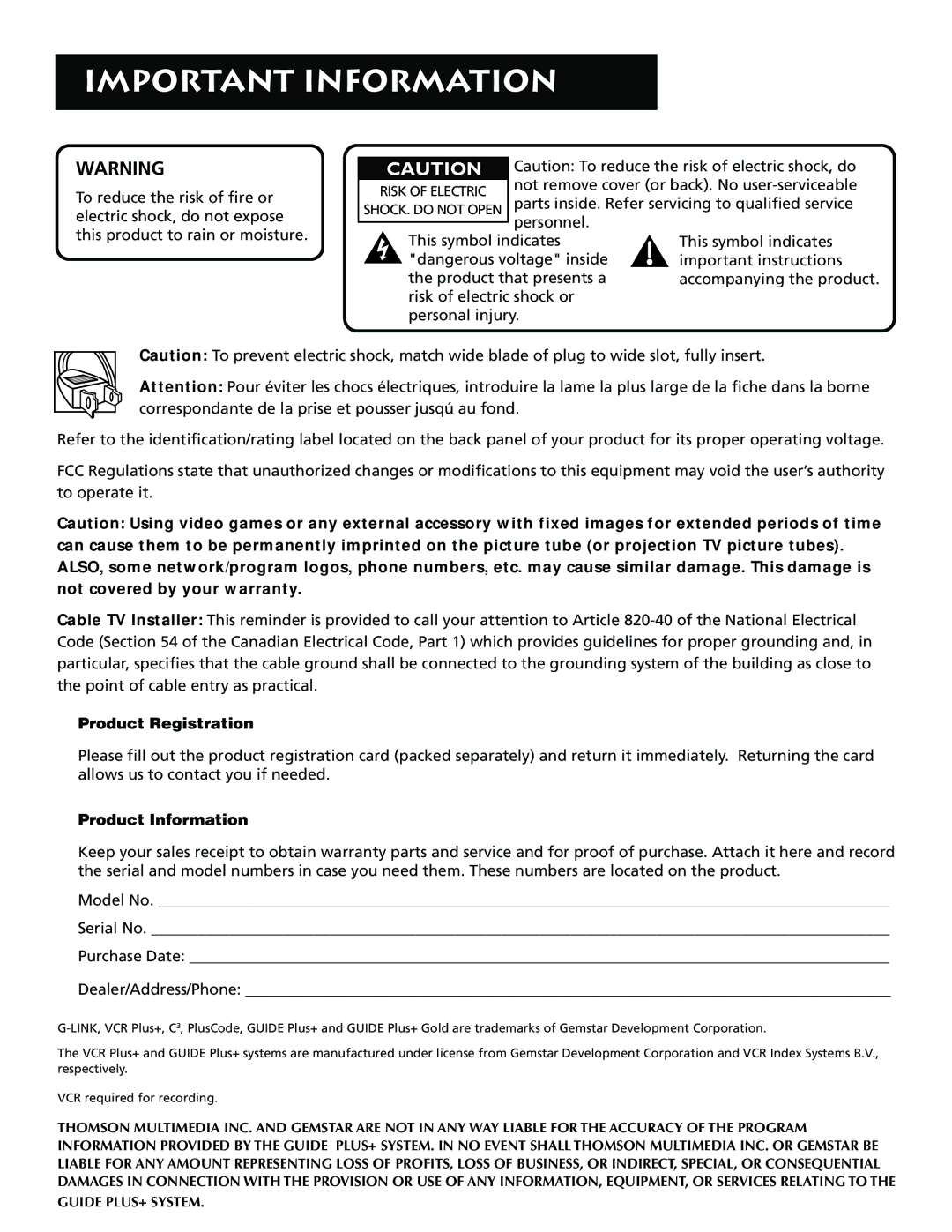 RCA P52936 manual Important Information 