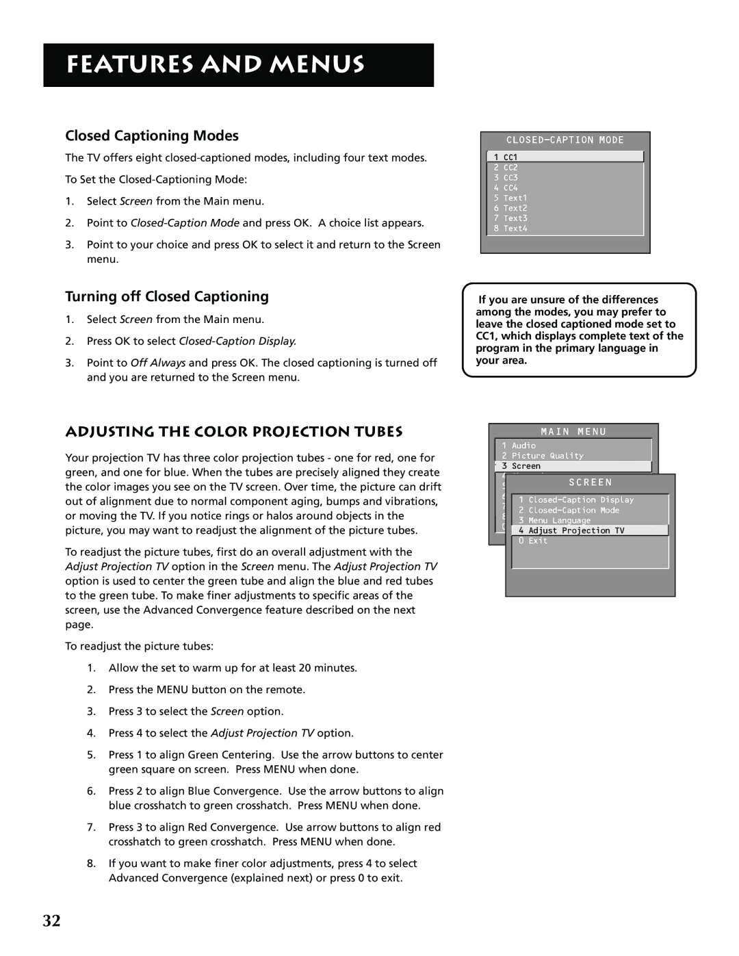 RCA P52936 manual Closed Captioning Modes, Turning off Closed Captioning, Adjusting the Color Projection Tubes 