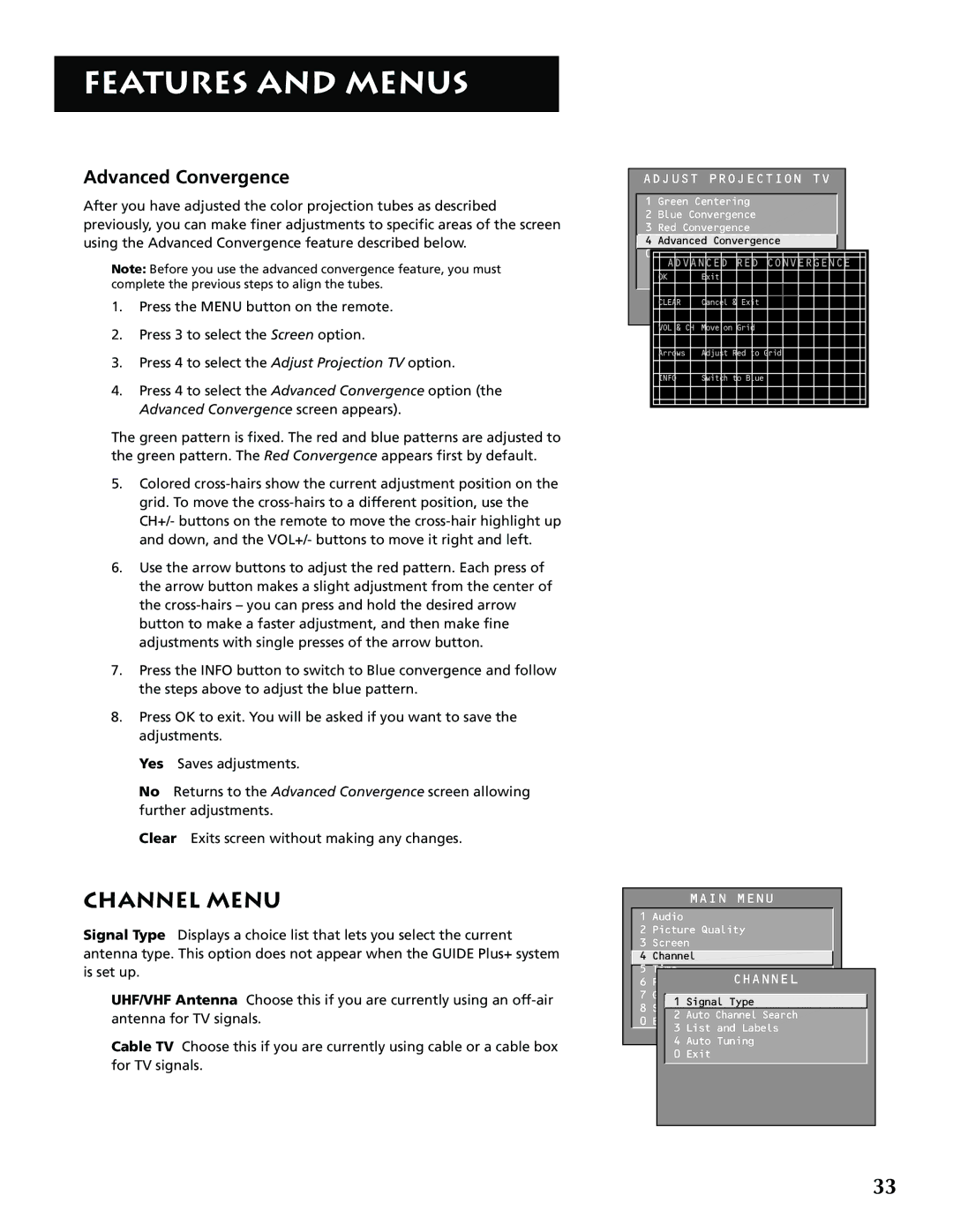 RCA P52936 manual Channel Menu, Advanced Convergence, Adjust Projection TV 