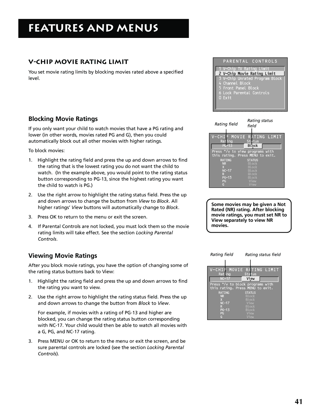 RCA P52936 manual Chip Movie Rating Limit, Blocking Movie Ratings, Viewing Movie Ratings 