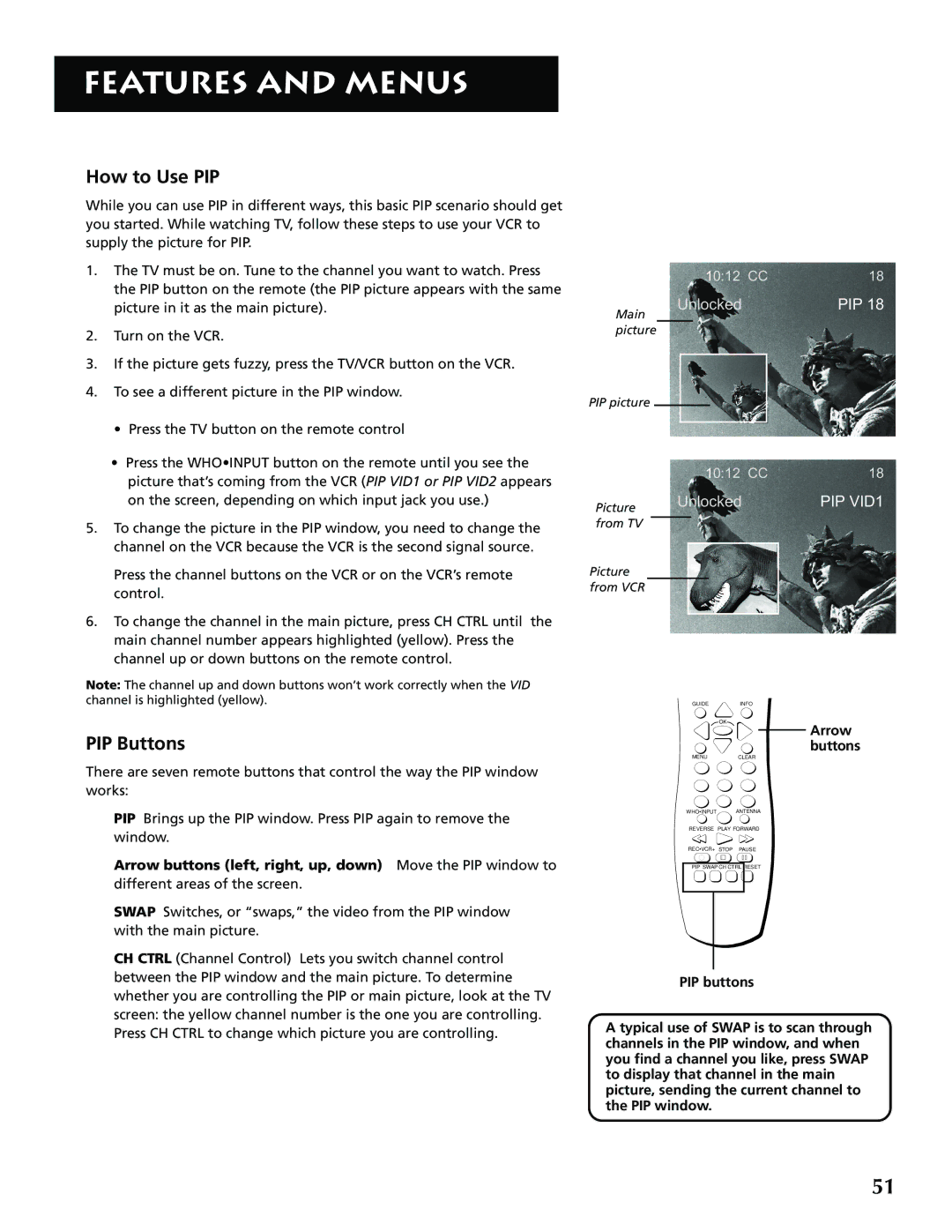 RCA P52936 manual How to Use PIP, PIP Buttons, Arrow buttons 