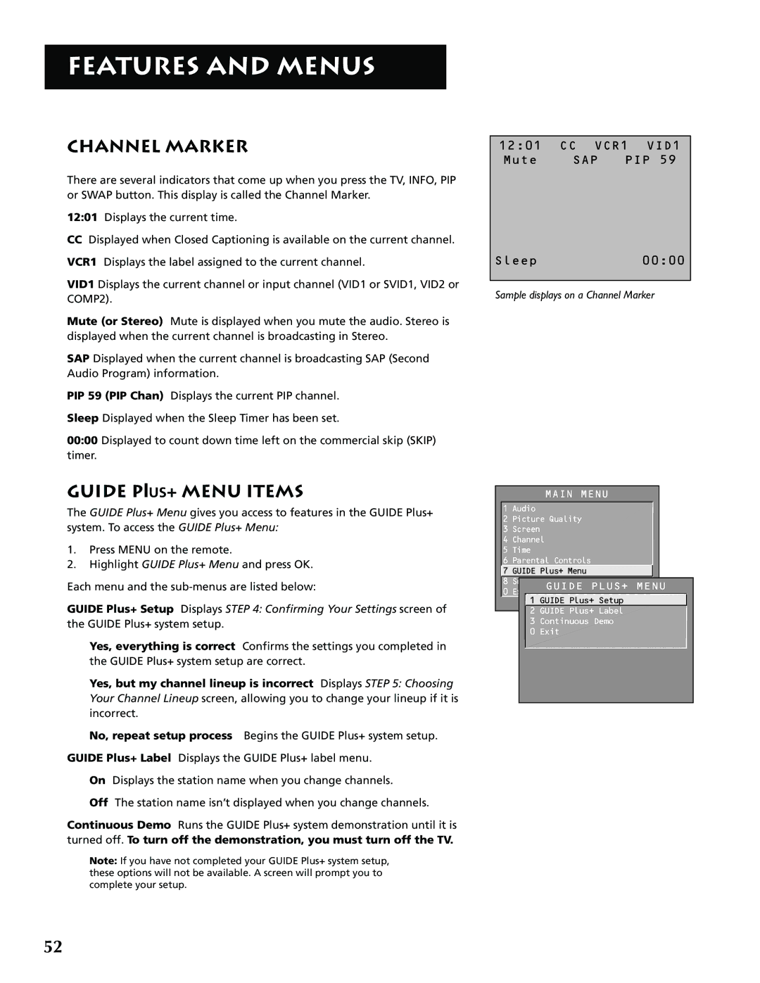 RCA P52936 manual Channel Marker, Guide PIUS+ Menu Items 