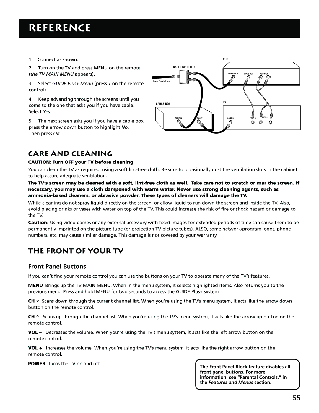 RCA P52936 manual Care and Cleaning, Front of Your TV, Front Panel Buttons 