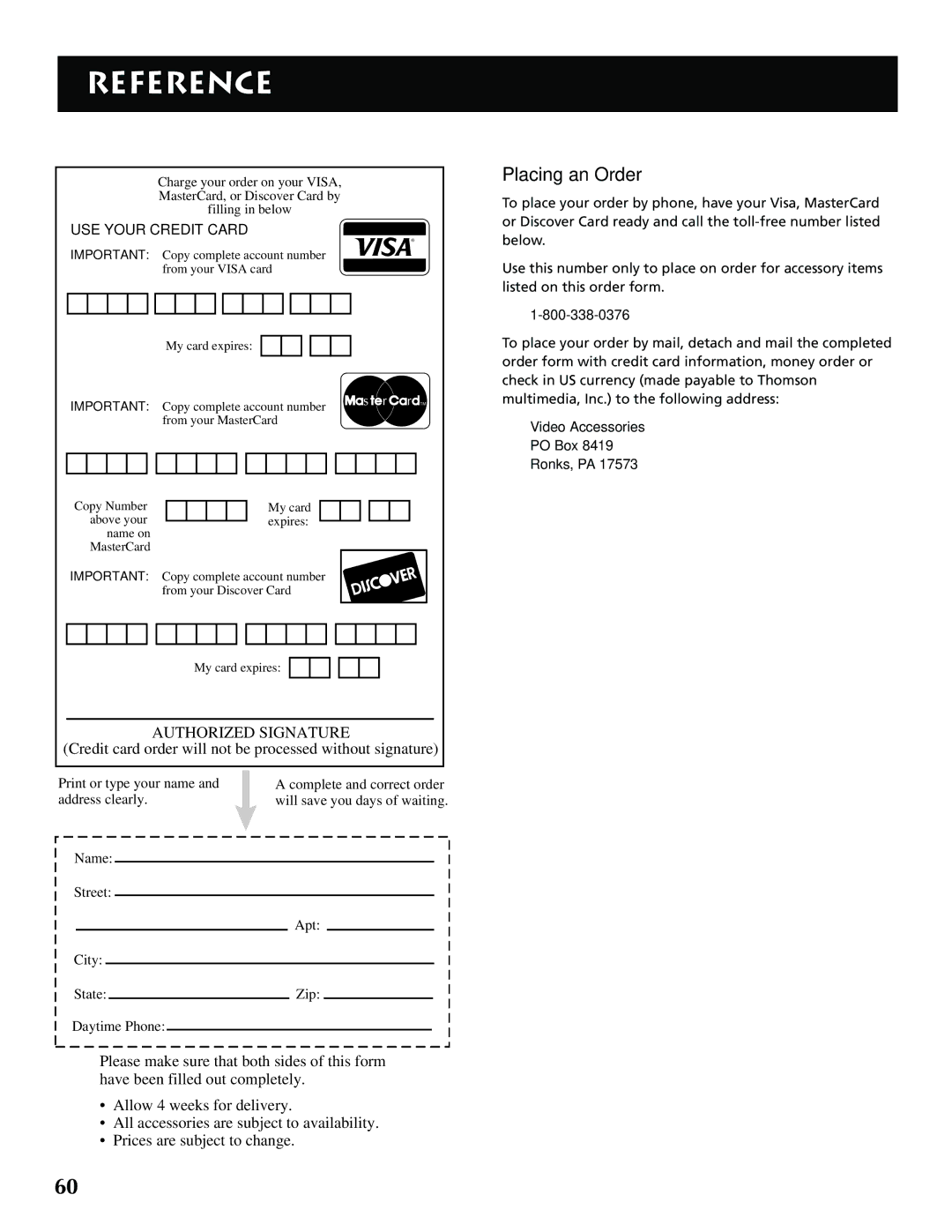 RCA P52936 manual Placing an Order, Video Accessories PO Box Ronks, PA 