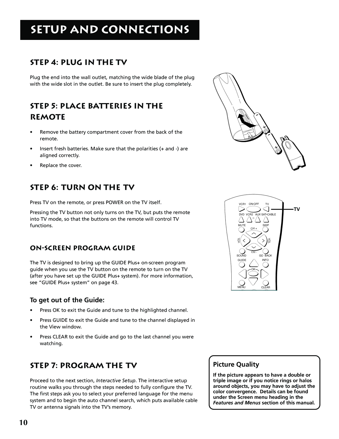 RCA P52939 manual Plug in the TV, Place Batteries Remote, Turn on the TV, Program the TV, ON-SCREEN Program Guide 