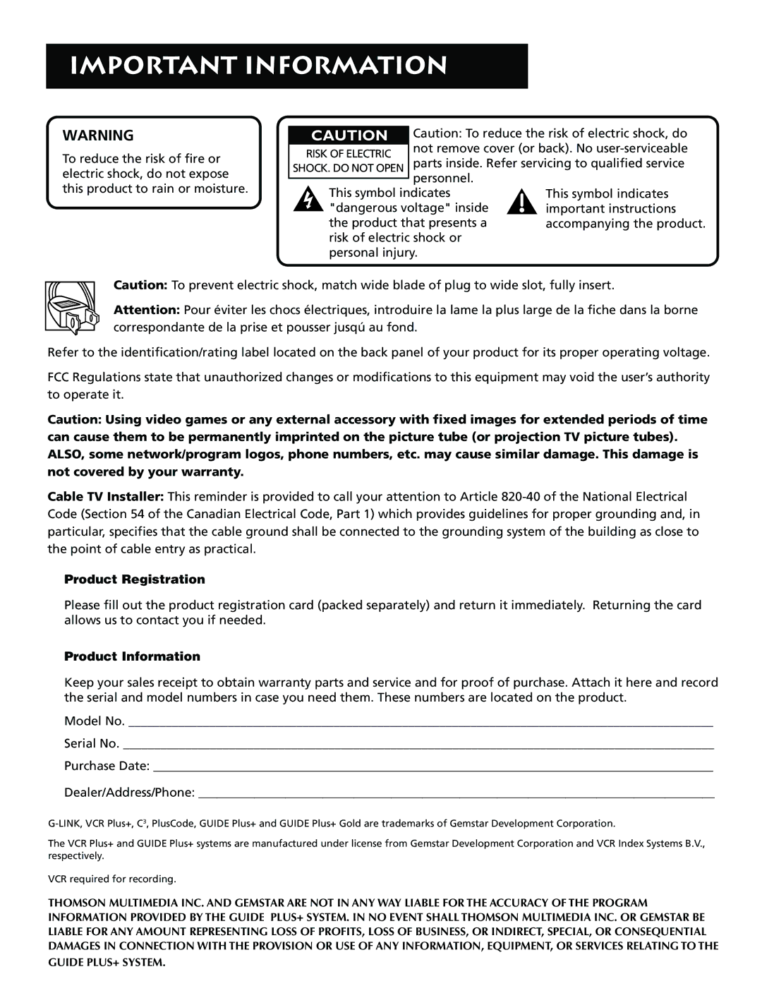 RCA P52939 manual Important Information 