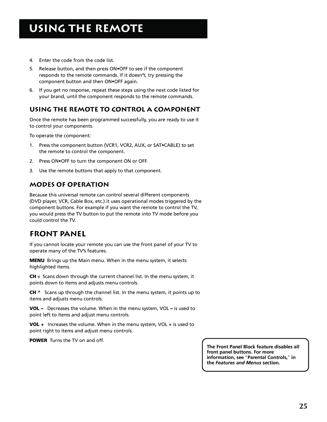 RCA P52939 manual Front Panel, Using the Remote to Control a Component, Modes of Operation 