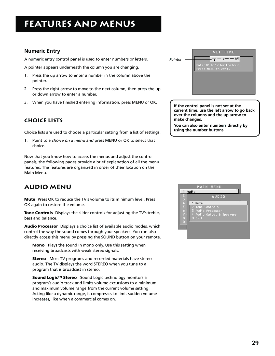 RCA P52939 manual Audio Menu, Numeric Entry, Choice Lists 