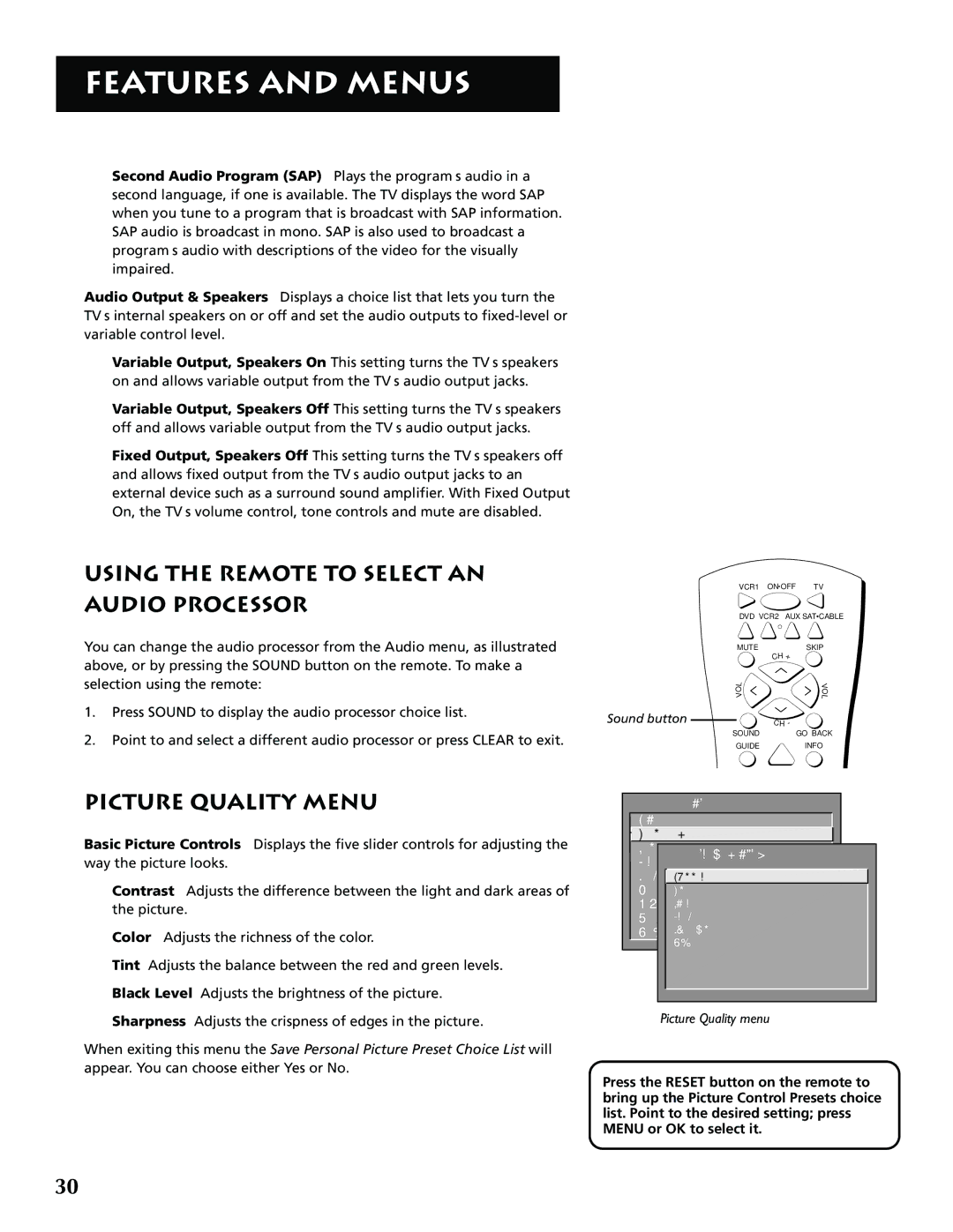 RCA P52939 manual Using the Remote to Select AN Audio Processor, Picture Quality Menu 